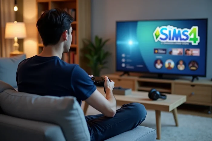 Homme jouant aux Sims 4 dans un salon avec les packs de jeu visibles sur grand écran