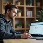 Homme consultant des sites miroirs sur un ordinateur portable dans un bureau à domicile moderne