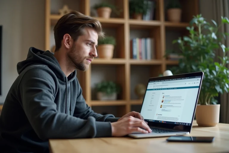 Homme consultant des sites miroirs sur un ordinateur portable dans un bureau à domicile moderne