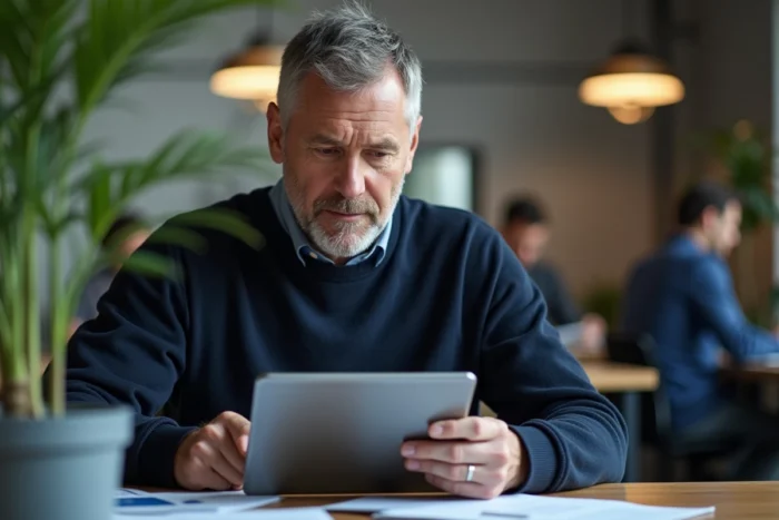 Homme consultant l'application Mon Proxima sur une tablette dans un espace de coworking pour gérer des mesures de protection