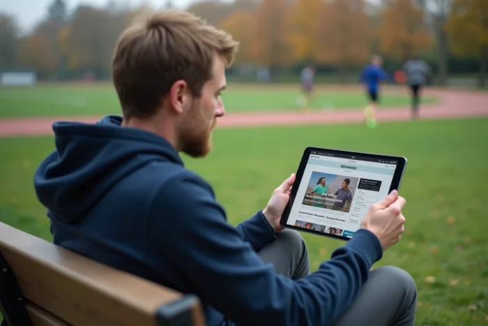 Homme consultant les différentes rubriques sportives sur une tablette dans un parc en plein air