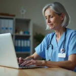 Infirmière connectée à un portail de soins sur ordinateur portable dans un bureau médical