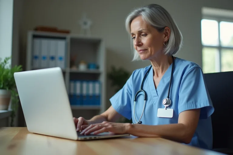 Infirmière connectée à un portail de soins sur ordinateur portable dans un bureau médical