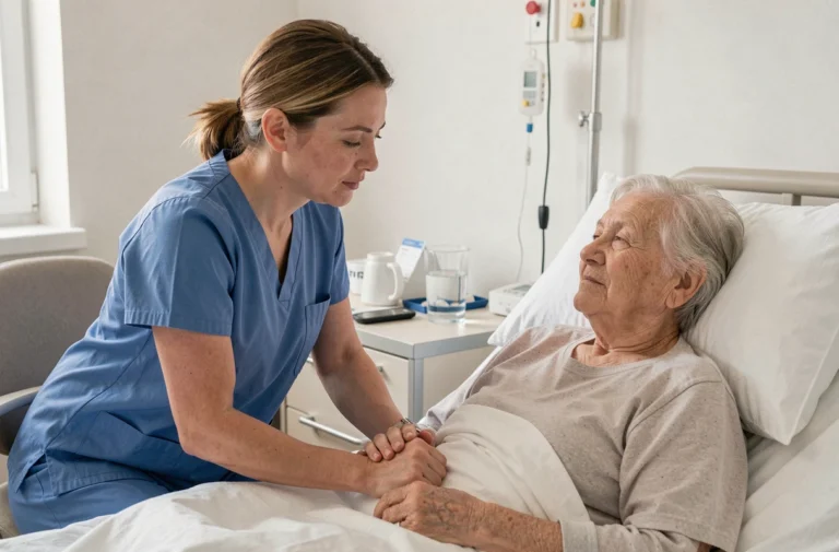 Infirmière tenant la main d'une patiente âgée dans une chambre d'hôpital, illustrant les besoins fondamentaux selon Virginia Henderson