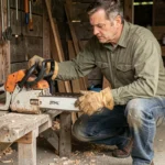Homme en train d'inspecter le lanceur d'une tronçonneuse Stihl dans un atelier en bois