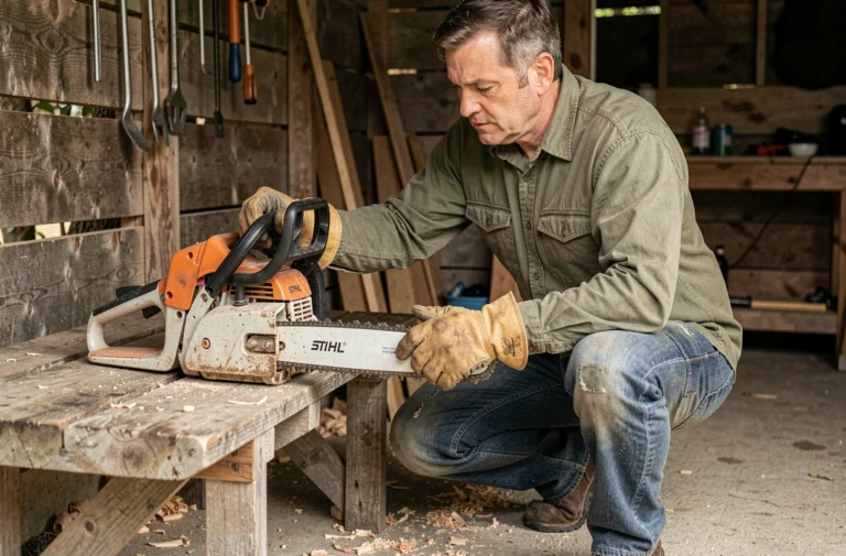 Homme en train d'inspecter le lanceur d'une tronçonneuse Stihl dans un atelier en bois