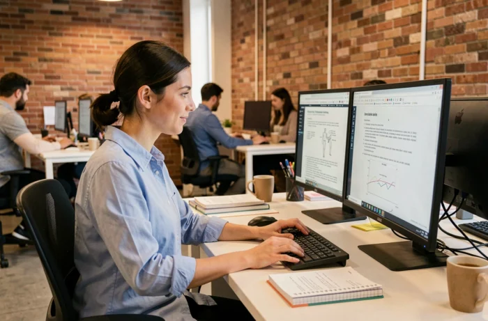 Femme lisant des instructions d'installation de logiciel sur un bureau multi-écrans en espace de coworking