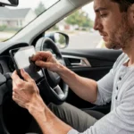 Homme installant une tablette Android sur le tableau de bord d'une voiture pour utiliser CarPlay