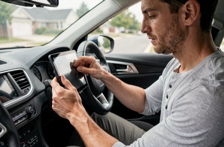 Homme installant une tablette Android sur le tableau de bord d'une voiture pour utiliser CarPlay