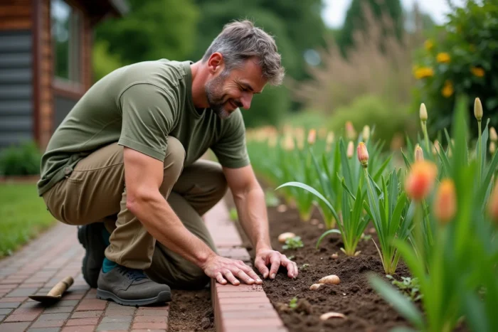 Jardinier appliquant de l'engrais granulé autour des bulbes de lys pour favoriser leur repousse après la taille