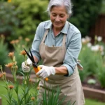 Jardinière en tablier de lin taillant les tiges fanées de lys dans un massif de jardin bien entretenu