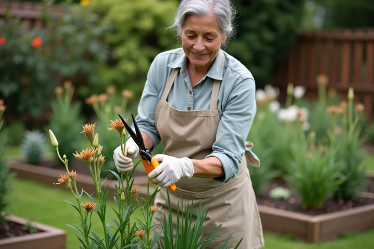 Jardinière en tablier de lin taillant les tiges fanées de lys dans un massif de jardin bien entretenu