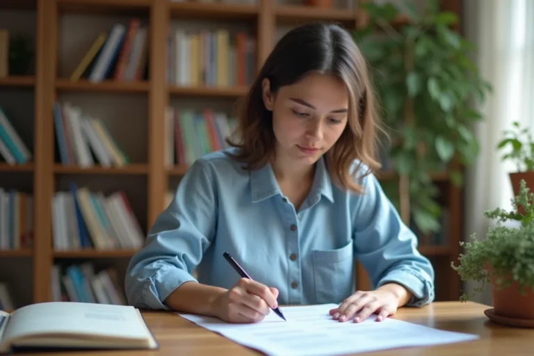 Jeune femme rédigeant son premier CV à son bureau à domicile, entourée de notes et d'un cahier ouvert