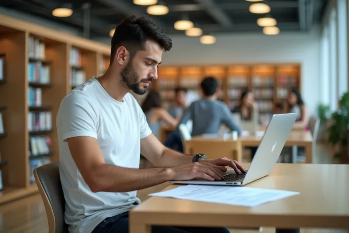 Jeune homme travaillant sur son CV sur un ordinateur portable dans une bibliothèque universitaire moderne