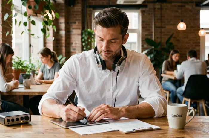 Journaliste ou animateur business préparant ses notes avant l'enregistrement d'un podcast dans un bureau moderne