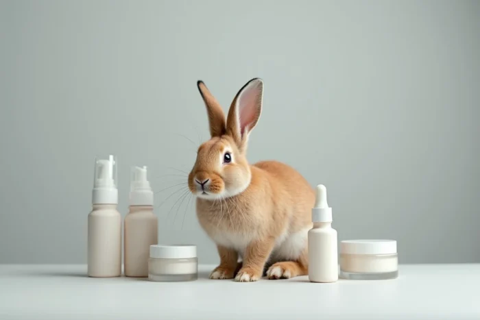 Lapin posé près de flacons de cosmétiques sur fond gris, symbolisant la question des tests sur les animaux dans l'industrie de la beauté