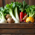 Caisse en bois rustique remplie de légumes en S variés comme le céleri, le salsifis et le chou de Savoie sur une table de ferme