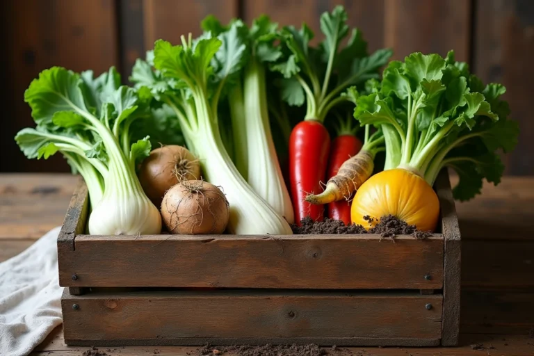 Caisse en bois rustique remplie de légumes en S variés comme le céleri, le salsifis et le chou de Savoie sur une table de ferme