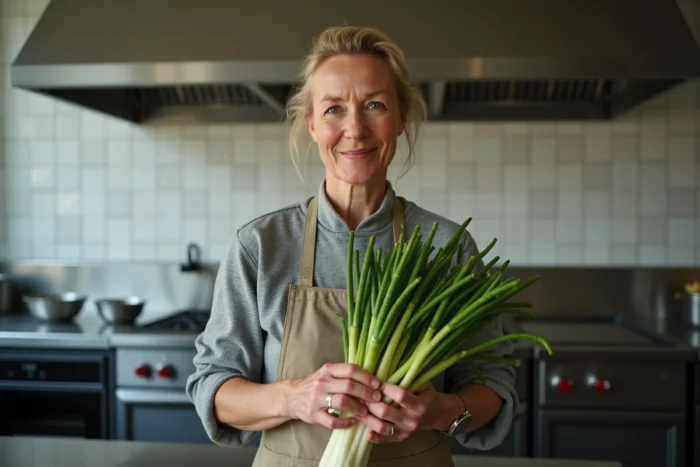 Cheffe cuisinière tenant du salicorne et un chou-rave dans une cuisine professionnelle, légumes en S frais