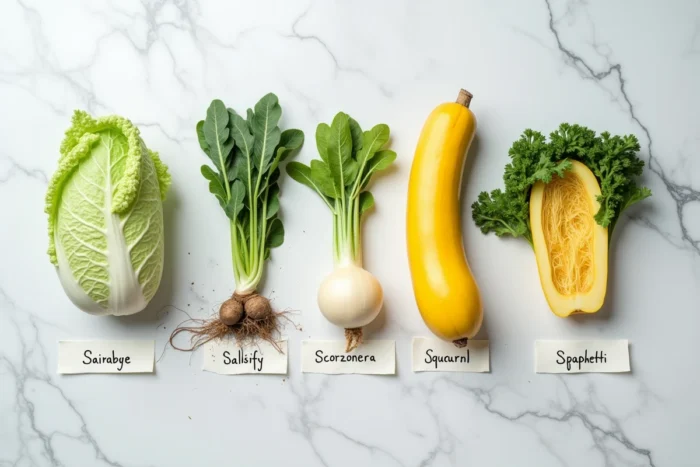 Flat lay éducatif de légumes en S étiquetés à la main sur marbre blanc, incluant salsifis, scorsonère, oseille et courge spaghetti