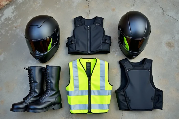Vue à plat des équipements obligatoires pour rouler en moto en Espagne, casque, gants, gilet et protections