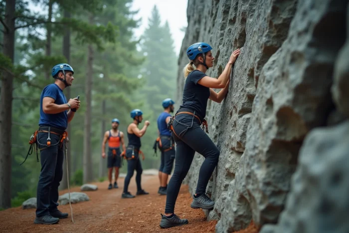 Groupe d'adultes pratiquant l'escalade en pleine nature sur une paroi rocheuse entourée de forêt de pins