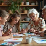 Famille multigénérationnelle faisant de la peinture aquarelle ensemble autour d'une table en bois dans un salon chaleureux