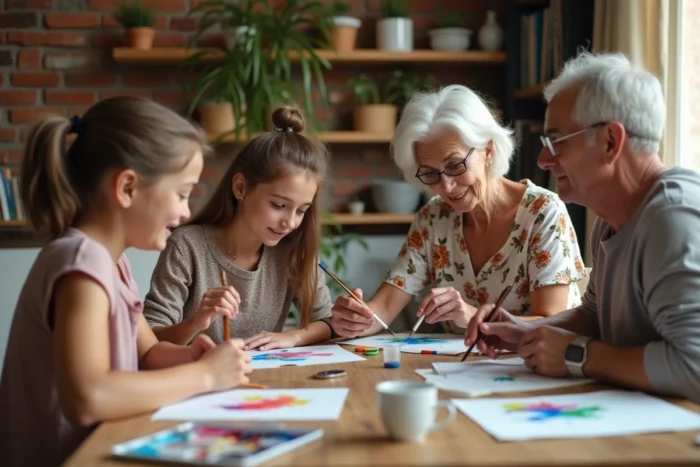 Famille multigénérationnelle faisant de la peinture aquarelle ensemble autour d'une table en bois dans un salon chaleureux