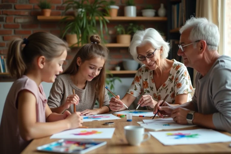 Famille multigénérationnelle faisant de la peinture aquarelle ensemble autour d'une table en bois dans un salon chaleureux