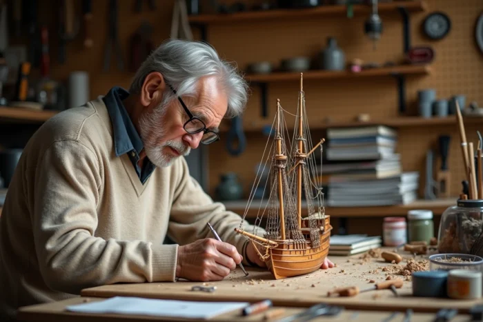 Homme senior concentré sur la construction d'une maquette de bateau en bois dans un atelier artisanal à domicile
