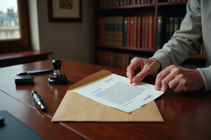 Mains d'un fonctionnaire glissant une lettre de retraite signée dans une enveloppe officielle