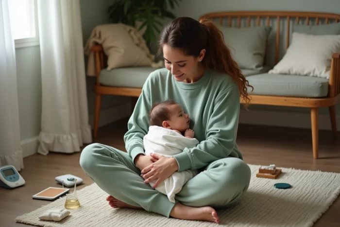 Jeune maman faisant le rot à son bébé assise sur un tapis douillet entourée d'objets du quotidien de la vie avec un nourrisson