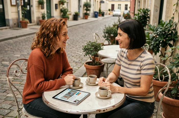 Deux mamans discutant de conseils parentaux autour d'une tablette sur une terrasse de café en ville