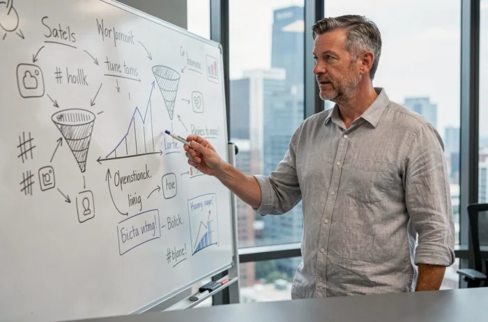 Un manager présentant une stratégie de communication digitale sur un tableau blanc dans une salle de réunion avec vue urbaine
