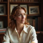 Portrait de femme élégante dans un bureau vintage évoquant la vie d'une personnalité liée à Hollywood des années 70-80