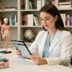 Médecin femme consultant les dernières actualités santé sur une tablette dans un cabinet médical moderne