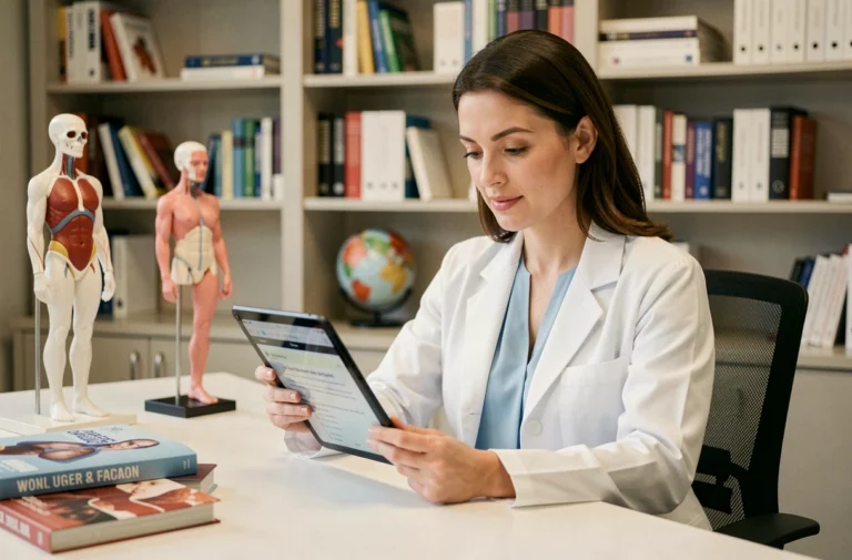 Médecin femme consultant les dernières actualités santé sur une tablette dans un cabinet médical moderne