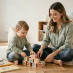 Mère et jeune enfant jouant avec des blocs en bois colorés sur un parquet en bois clair dans un salon scandinave