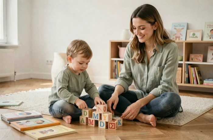 Mère et jeune enfant jouant avec des blocs en bois colorés sur un parquet en bois clair dans un salon scandinave