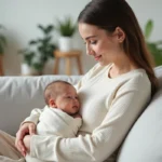 Jeune mère tenant tendrement son nouveau-né dans ses bras sur un canapé en lin gris dans un salon épuré et chaleureux