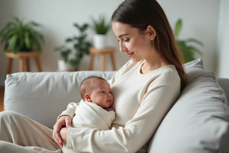 Jeune mère tenant tendrement son nouveau-né dans ses bras sur un canapé en lin gris dans un salon épuré et chaleureux