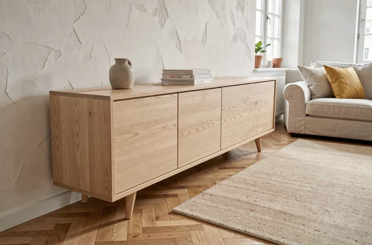 Buffet en chêne clair au design scandinave dans un salon moderne avec parquet en chevrons et tapis en laine beige