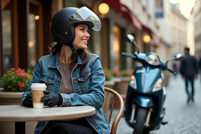 Femme motarde en veste denim et casque jet assise en terrasse de café avec sa moto 125cc visible en arrière-plan