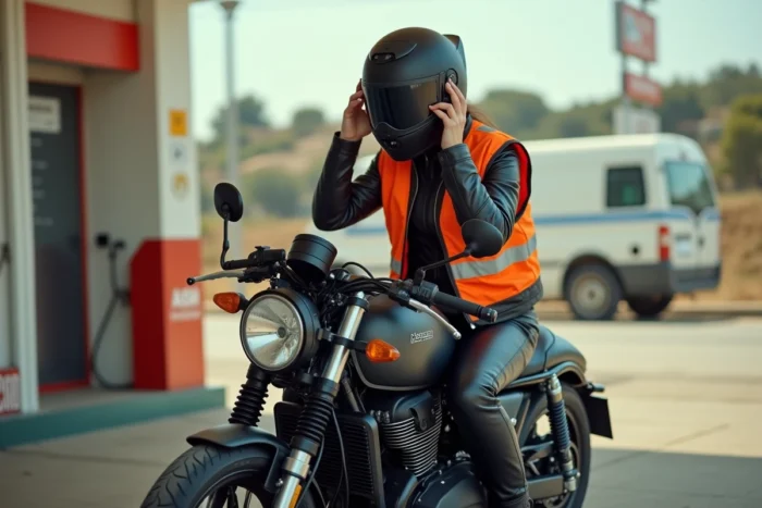 Motarde portant un gilet réfléchissant et un casque homologué à une station-service en Espagne