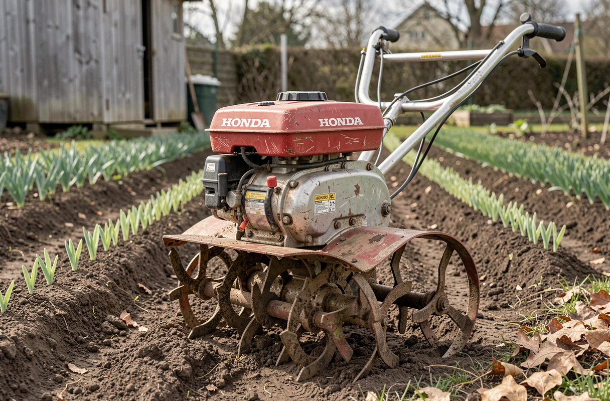 Motobineuse Honda FG 320 vue de trois quarts avec détails des fraises et du moteur dans un jardin