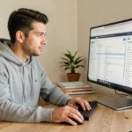 Homme naviguant sur un plan de site web affiché sur un grand écran dans un bureau à domicile moderne
