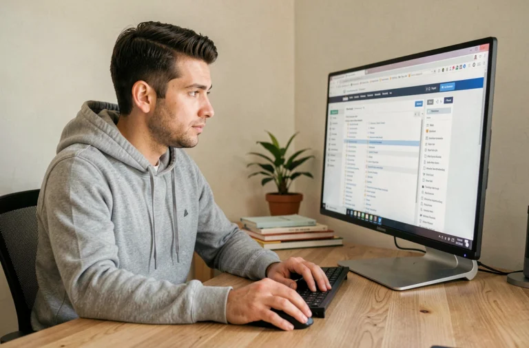 Homme naviguant sur un plan de site web affiché sur un grand écran dans un bureau à domicile moderne
