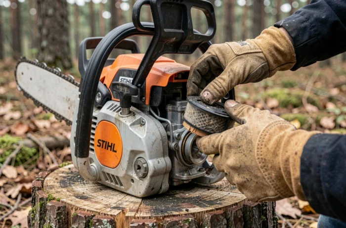 Gros plan sur les mains d'un mécanicien retirant le filtre à air d'une tronçonneuse Stihl en forêt