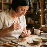 Artisane nettoyant un œil de Sainte Lucie avec une brosse douce sur un établi de bijoutier artisanal