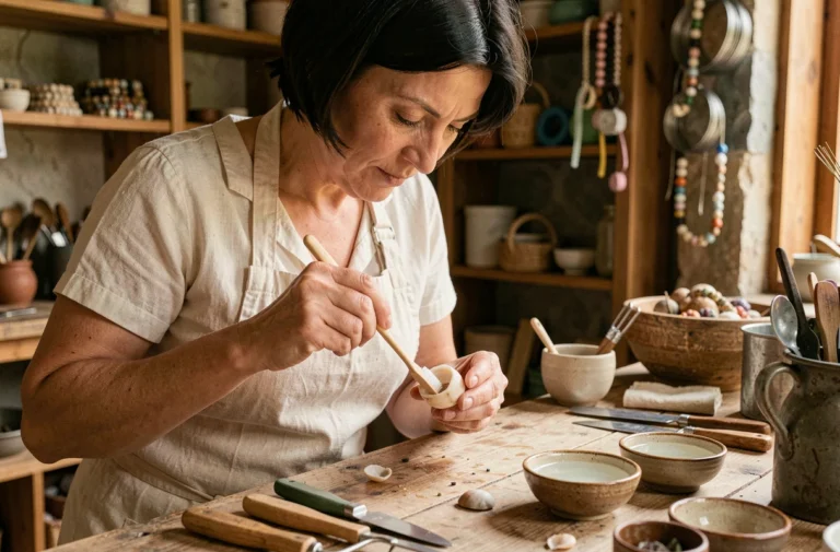 Artisane nettoyant un œil de Sainte Lucie avec une brosse douce sur un établi de bijoutier artisanal